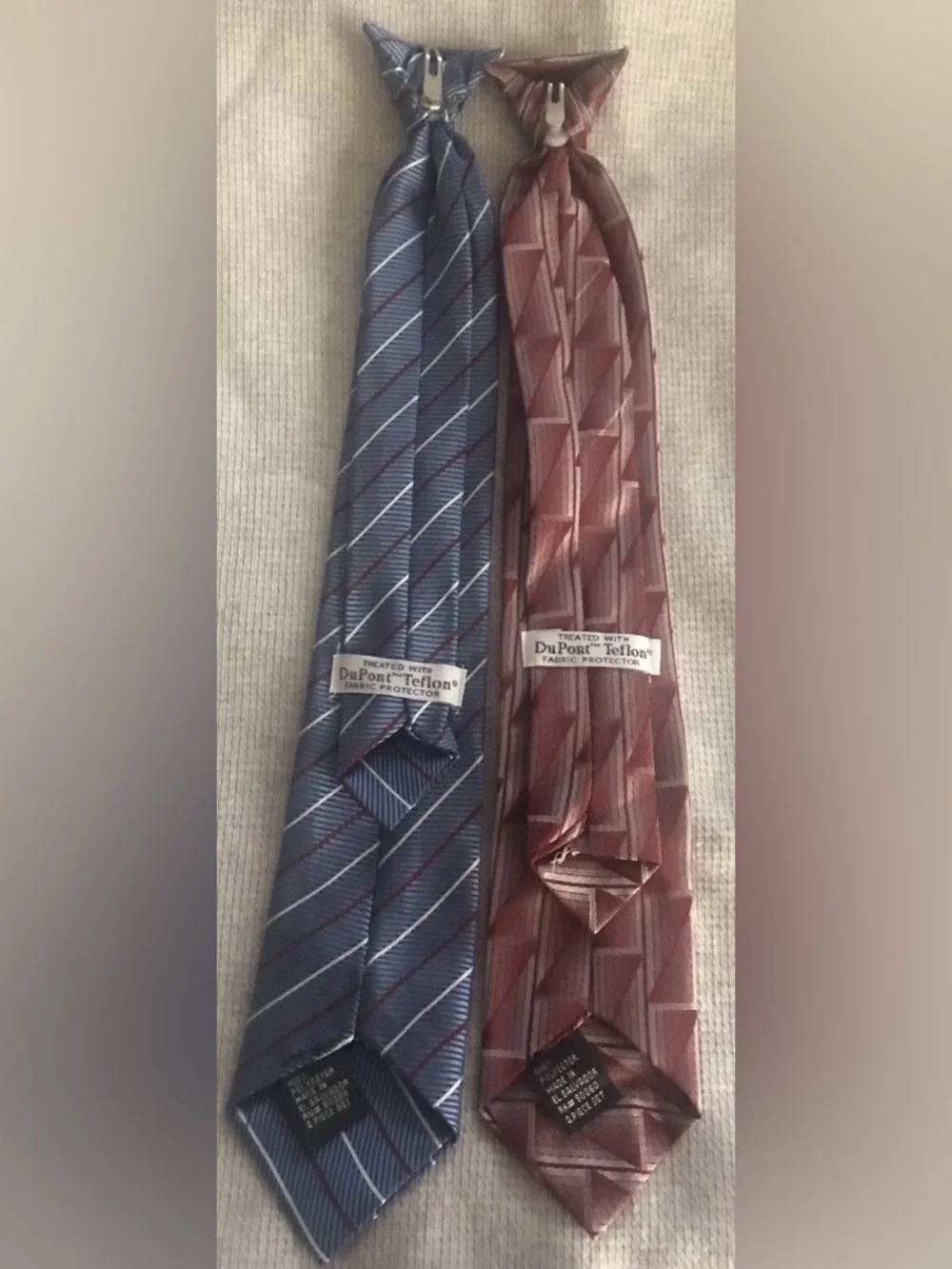 Clip On Ties Blue Stripes & Maroon & Gray Geometric Kids Ties Set Teflon Treated